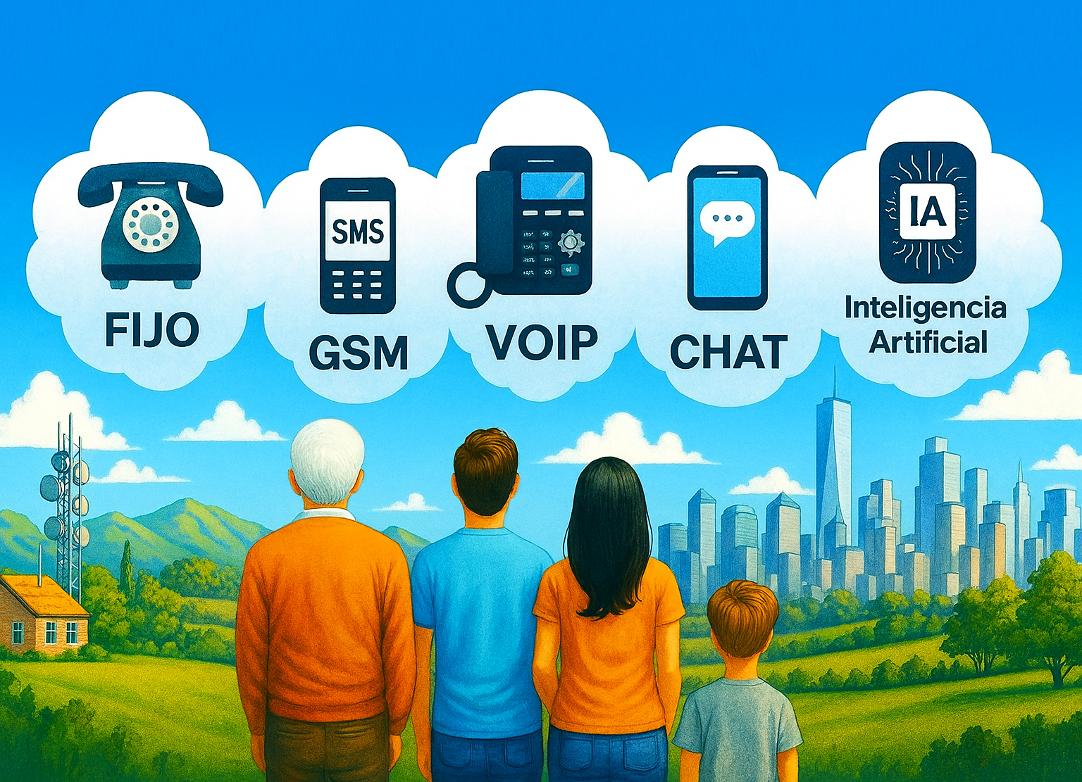 ilustración digital de la evolución tecnológica en la comunicación